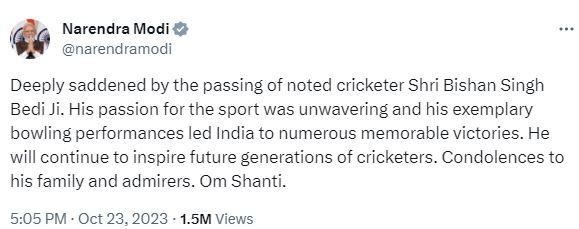 PM modi tweet on demise of Bishan singh Bedi